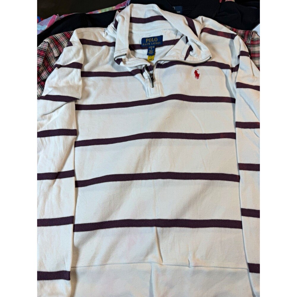 Polo Ralph Lauren Boys L 14-16 White/Purple Striped Logo Knit 1/4 Zip Sweater